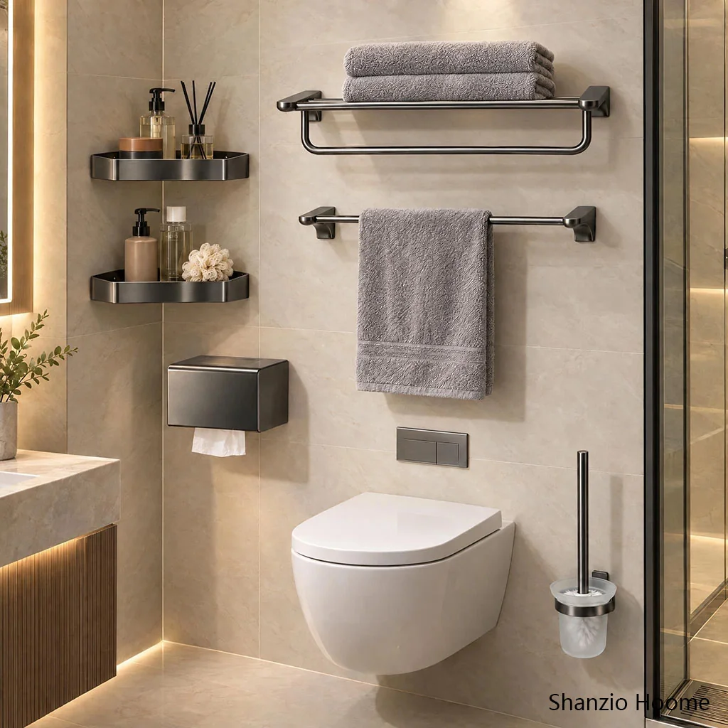 Polished Chrome Gunmetal Grey Curved‑End Wall‑Mount Bathroom Accessories Set