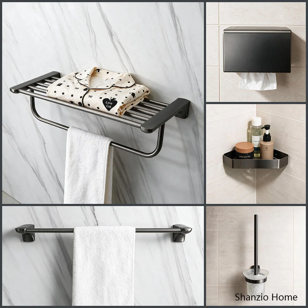 Polished Chrome Gunmetal Grey Curved‑End Wall‑Mount Bathroom Accessories Set - View 2