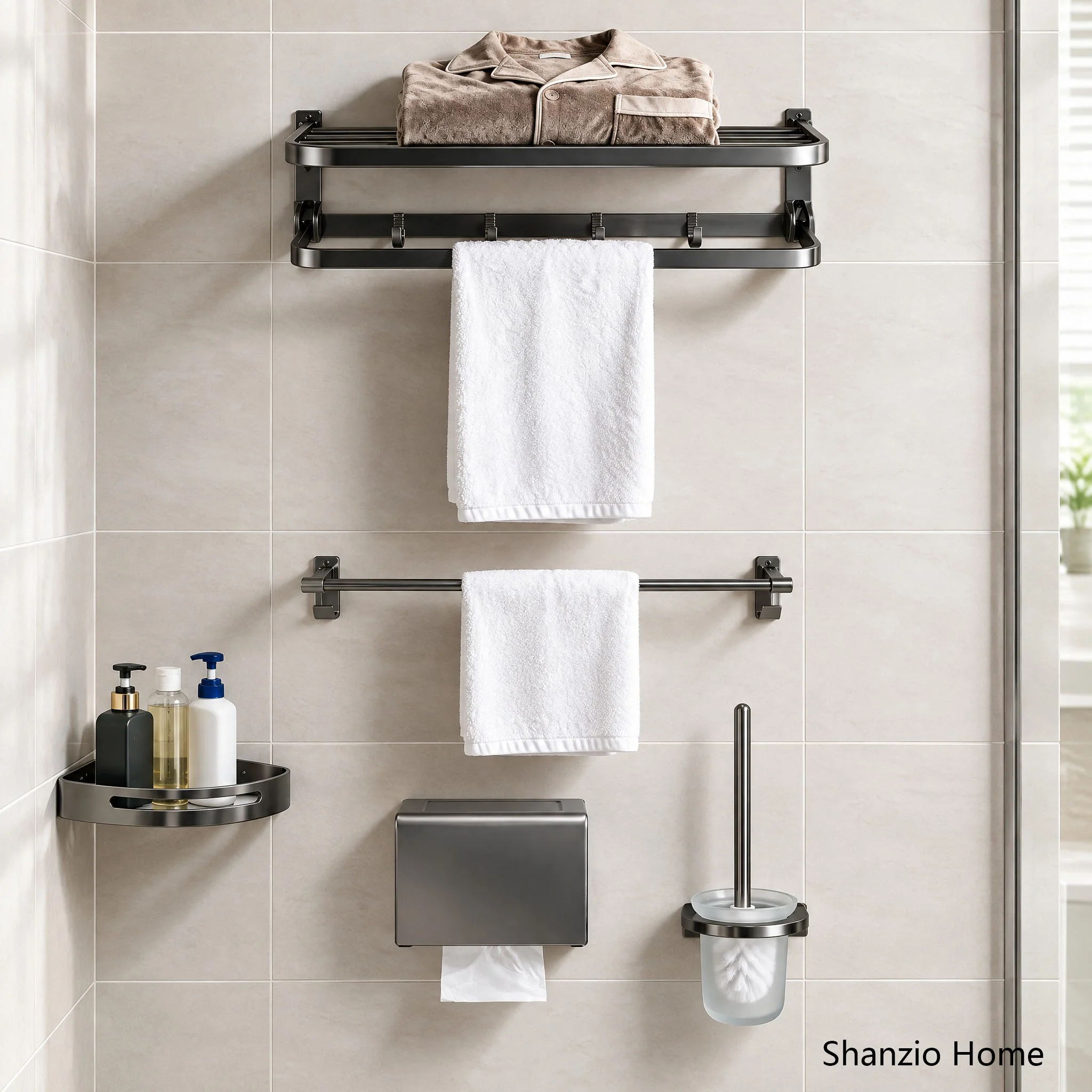 Mirror-Polished Gunmetal Grey Wall‑Mount Bathroom Accessories Set 001