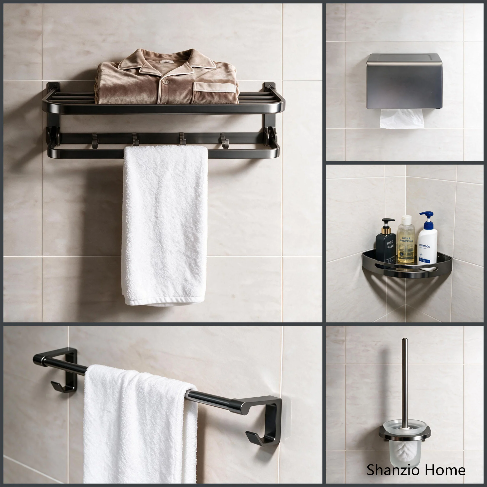 Mirror-Polished Gunmetal Grey Wall‑Mount Bathroom Accessories Set 001 - View 2